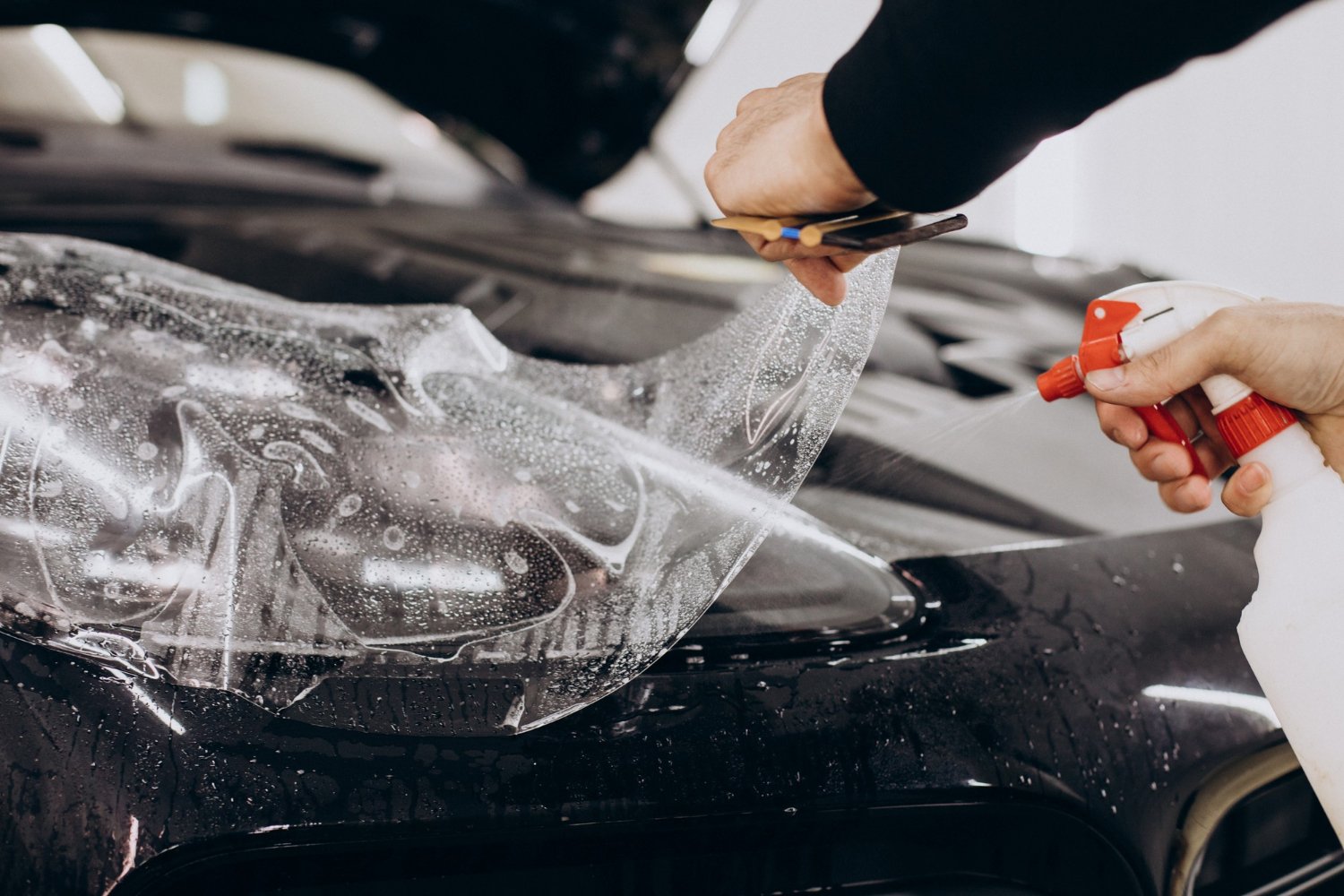 Paint Protection Film being applied to a car bonnet